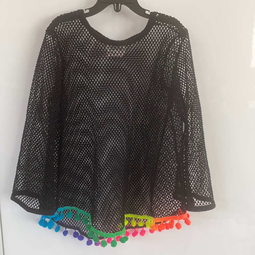 Random ❤️s Black mesh coverup w rainbow pompoms 3T